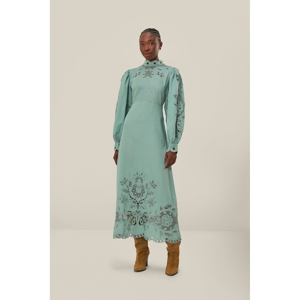 Farm Rio Blue Long Sleeve Midi Dress Embroidered Eyelet Mock Neck Sage Green M